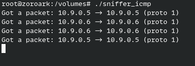 The same filter catching the opposite direction: host B pinging host A adds two new entries to the sniffer output, request and reply.