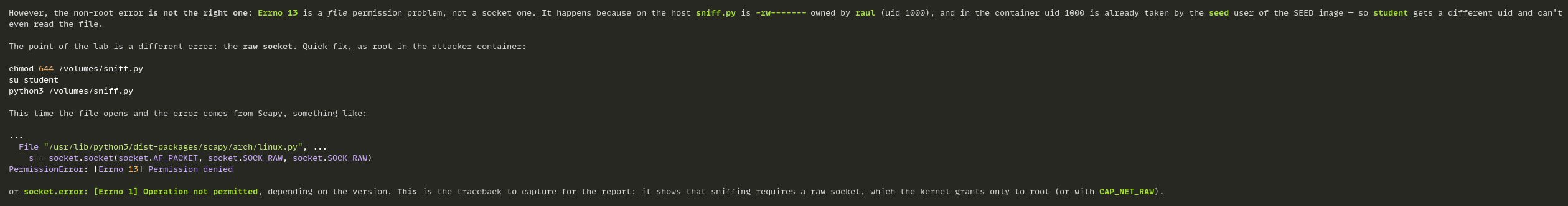 The permissions on sniff.py: the file is owned by the raul user, so the student account cannot even read it — the first “permission denied” was a file permission issue, not the raw socket restriction.