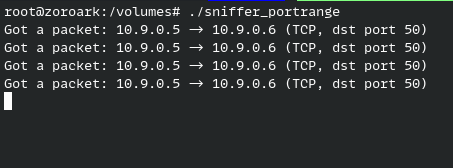 The negative counterpart: a netcat connection to port 200 produces no new output, confirming that ports outside the 10-100 range are filtered out.