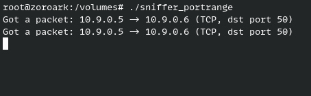 A netcat connection to port 50 on host B: the sniffer prints the TCP packets with destination port 50, which falls inside the 10-100 range.