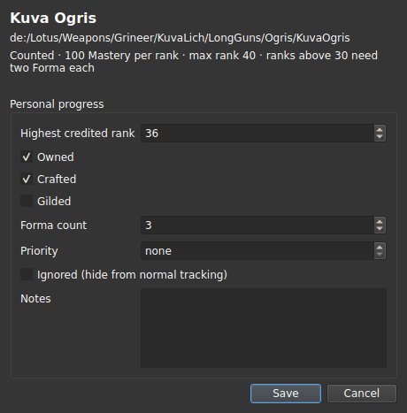 Item details dialog for Kuva Ogris: counted, 100 Mastery per rank, max rank 40, ranks above 30 need two Forma each; credited rank 36 with 3 Forma.